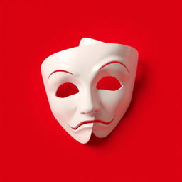 An engaging image featuring a classic white theater mask, prominently showcased in the center against a vivid red background