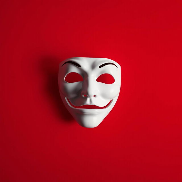 An engaging image featuring a classic white theater mask, prominently showcased in the center against a vivid red background