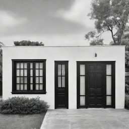 Un plano lineal casa colonial de frente con un portón de madera y dos ventanas, blanco y negro, techo de teja