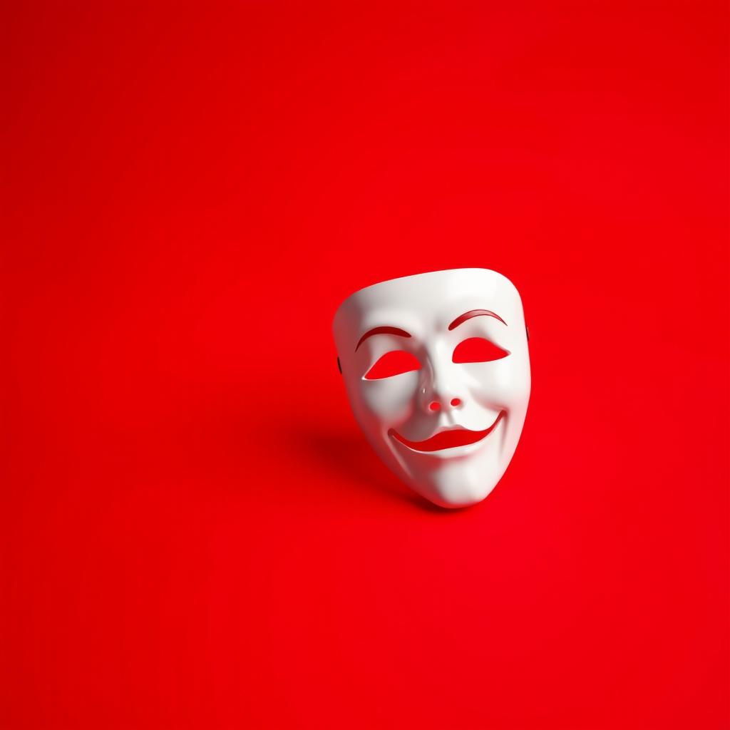 An engaging image featuring a classic white theater mask, prominently showcased in the center against a vivid red background