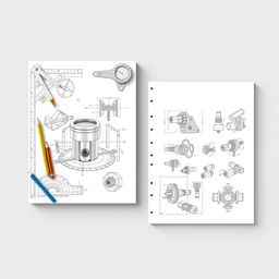 A two-page A4 layout of an engineering drawing presentation, featuring a visually engaging front cover with a collection of engineering drawing tools like compasses, rulers, and drafting pencils, alongside detailed mechanical sketches of various components, focusing on a CAD representation of a piston prominently displayed in the center