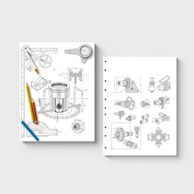 A two-page A4 layout of an engineering drawing presentation, featuring a visually engaging front cover with a collection of engineering drawing tools like compasses, rulers, and drafting pencils, alongside detailed mechanical sketches of various components, focusing on a CAD representation of a piston prominently displayed in the center