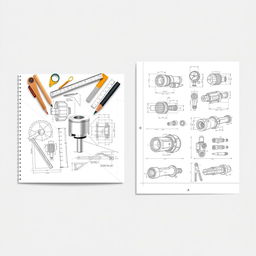 A two-page A4 layout of an engineering drawing presentation, featuring a visually engaging front cover with a collection of engineering drawing tools like compasses, rulers, and drafting pencils, alongside detailed mechanical sketches of various components, focusing on a CAD representation of a piston prominently displayed in the center