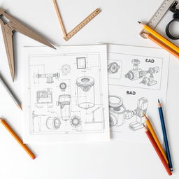 A two-page A4 layout of an engineering drawing presentation, featuring a visually engaging front cover with a collection of engineering drawing tools like compasses, rulers, and drafting pencils, alongside detailed mechanical sketches of various components, focusing on a CAD representation of a piston prominently displayed in the center