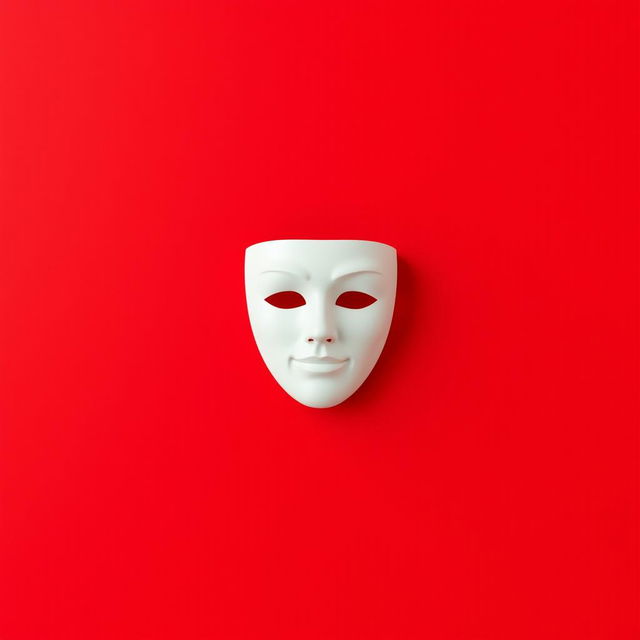 A minimalist image featuring a simple white theater mask prominently positioned in the center against a solid red background