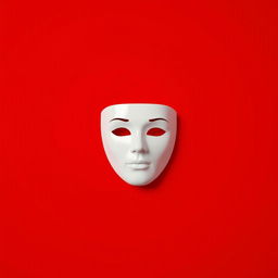A minimalist image featuring a simple white theater mask prominently positioned in the center against a solid red background