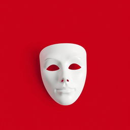 A minimalist image featuring a simple white theater mask prominently positioned in the center against a solid red background