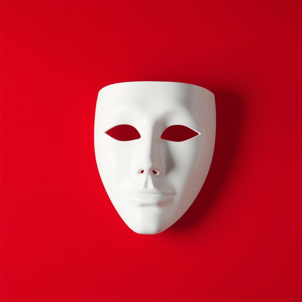 A minimalist image featuring a simple white theater mask prominently positioned in the center against a solid red background