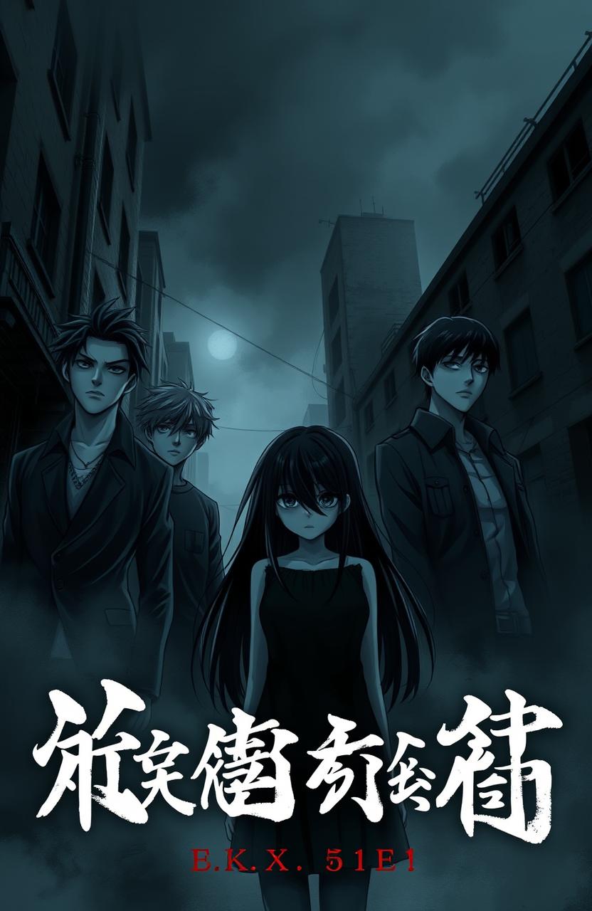 A gloomy and unsettling cover featuring five males and one female, all depicted in a unique animé style