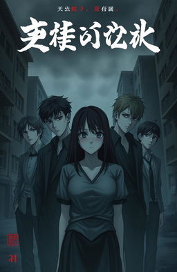 A gloomy and unsettling cover featuring five males and one female, all depicted in a unique animé style
