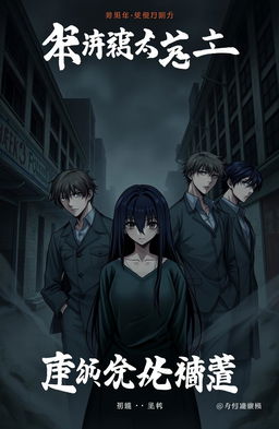 A gloomy and unsettling cover featuring five males and one female, all depicted in a unique animé style