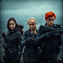Cinematic film still depicting three allies standing shoulder to shoulder in a medium shot