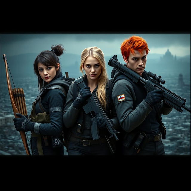 Cinematic film still depicting three allies standing shoulder to shoulder in a medium shot