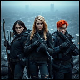 Cinematic film still depicting three allies standing shoulder to shoulder in a medium shot