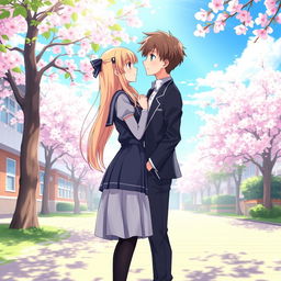 A charming anime scene depicting a school love story, featuring two high school students standing close together in a picturesque school courtyard