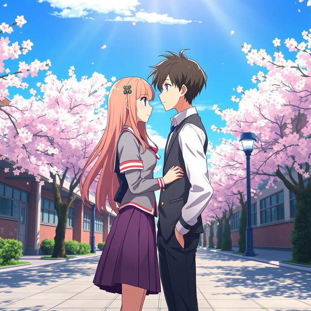 A charming anime scene depicting a school love story, featuring two high school students standing close together in a picturesque school courtyard