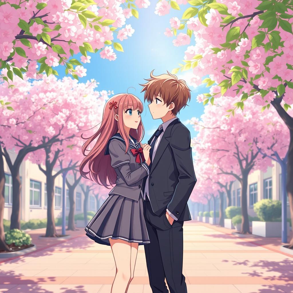 A charming anime scene depicting a school love story, featuring two high school students standing close together in a picturesque school courtyard