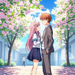A charming anime scene depicting a school love story, featuring two high school students standing close together in a picturesque school courtyard