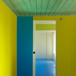 A 12x12 room with one door and a side window. The front wall is pure yellow, the ceiling and the other three walls are green, and the floor is blue.