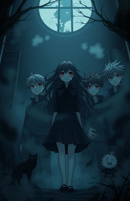 A gloomy and unsettling anime-style illustration featuring five males and one female character