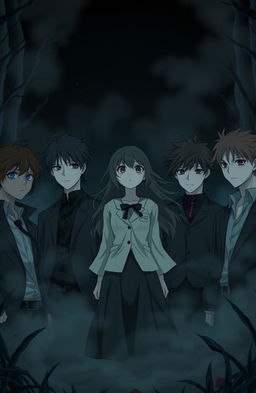 A gloomy and unsettling anime-style illustration featuring five males and one female character