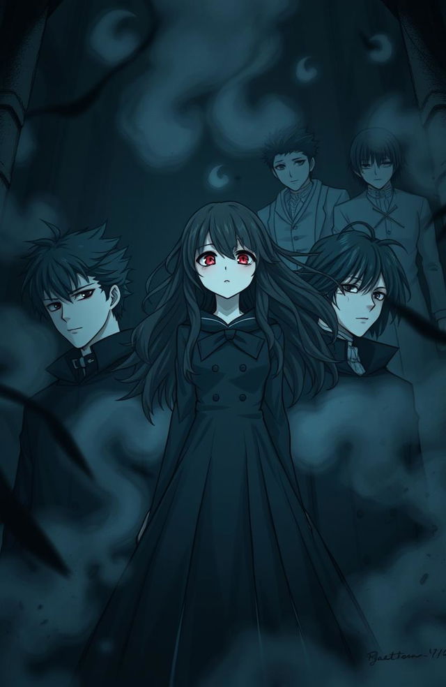 A gloomy and unsettling anime-style illustration featuring five males and one female character