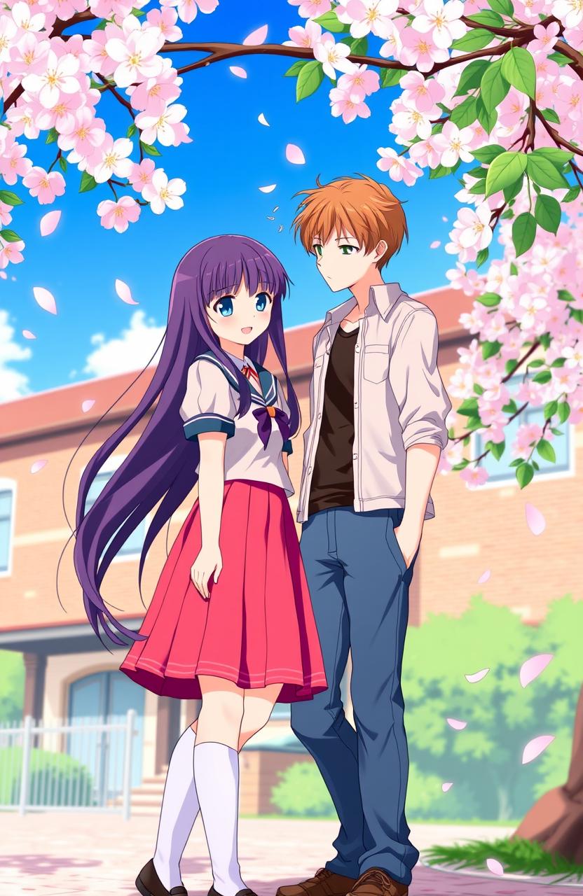 A romantic anime scene in a vibrant school setting, featuring two high school students: a shy girl with long, flowing black hair and bright blue eyes, wearing a cute school uniform with a pleated skirt and knee-high socks, standing next to a confident boy with short brown hair and green eyes, wearing a casual shirt and jeans