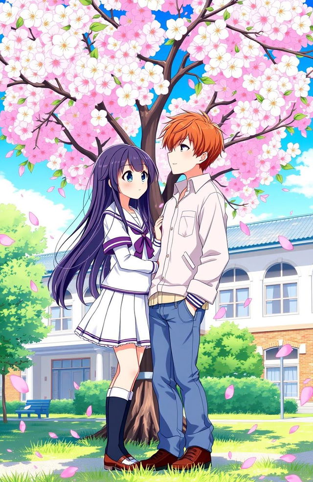 A romantic anime scene in a vibrant school setting, featuring two high school students: a shy girl with long, flowing black hair and bright blue eyes, wearing a cute school uniform with a pleated skirt and knee-high socks, standing next to a confident boy with short brown hair and green eyes, wearing a casual shirt and jeans