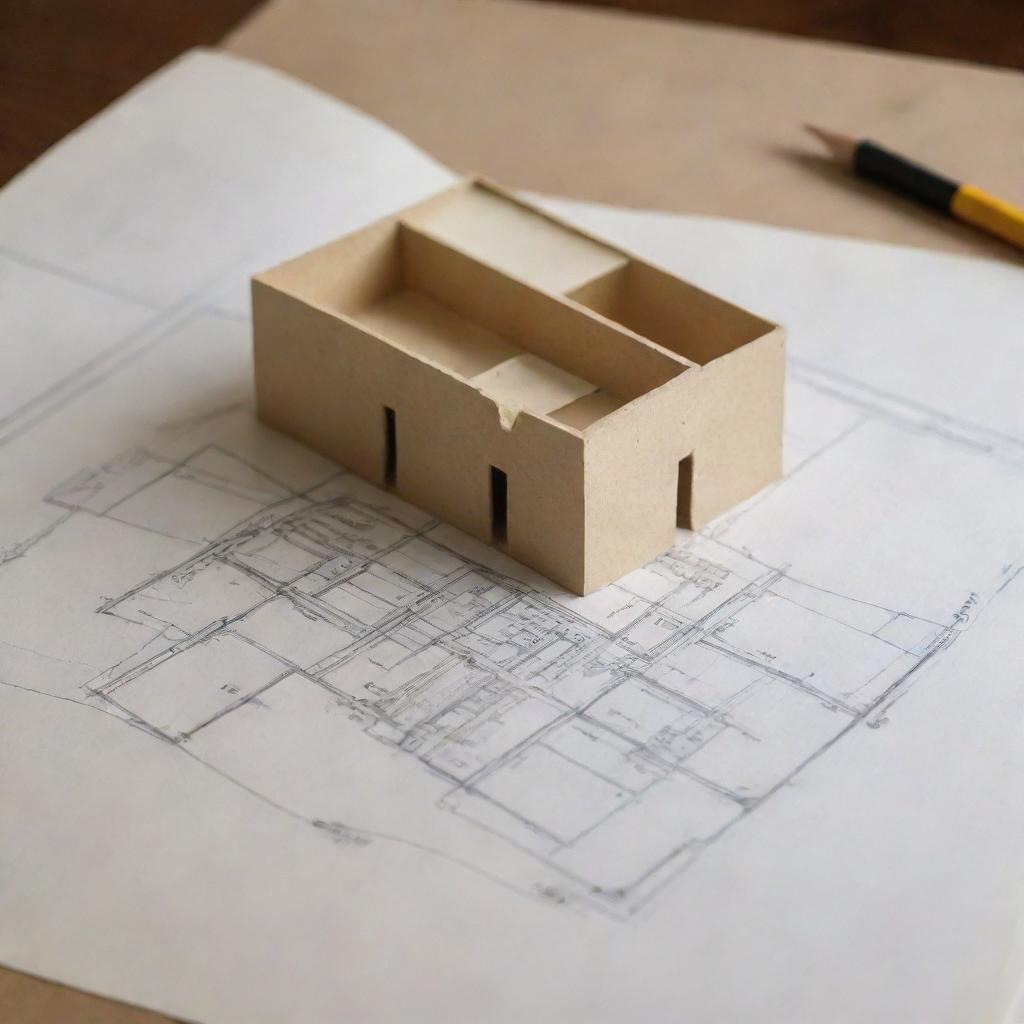 Plano de construcción dibujado en una hoja de papal de una Casa pequeña