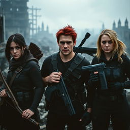 Cinematic film still depicting three allies standing shoulder to shoulder in a medium shot, all looking battered and worn