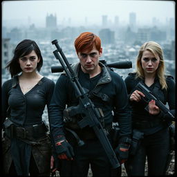 Cinematic film still depicting three allies standing shoulder to shoulder in a medium shot, all looking battered and worn