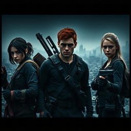 Cinematic film still depicting three allies standing shoulder to shoulder in a medium shot, all looking battered and worn
