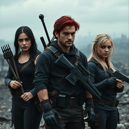 Cinematic film still depicting three allies standing shoulder to shoulder in a medium shot, all looking battered and worn