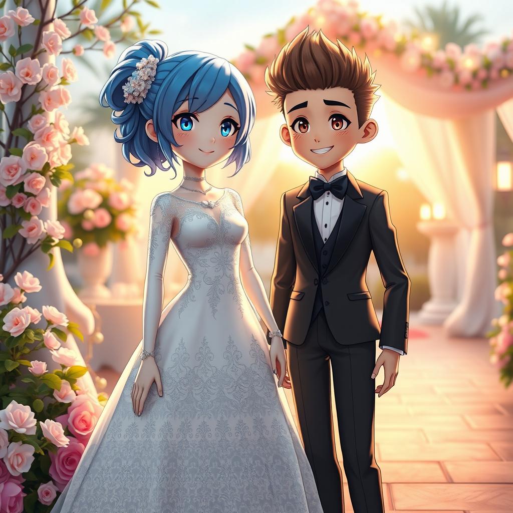 A beautiful android girl with blue hair, wearing an elegant wedding dress, standing gracefully next to a stylish android boy with spiky hair, dressed in a sleek tuxedo