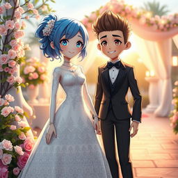 A beautiful android girl with blue hair, wearing an elegant wedding dress, standing gracefully next to a stylish android boy with spiky hair, dressed in a sleek tuxedo