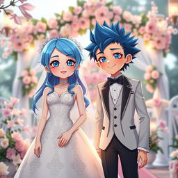 A beautiful android girl with blue hair, wearing an elegant wedding dress, standing gracefully next to a stylish android boy with spiky hair, dressed in a sleek tuxedo