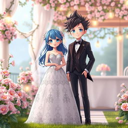 A beautiful android girl with blue hair, wearing an elegant wedding dress, standing gracefully next to a stylish android boy with spiky hair, dressed in a sleek tuxedo