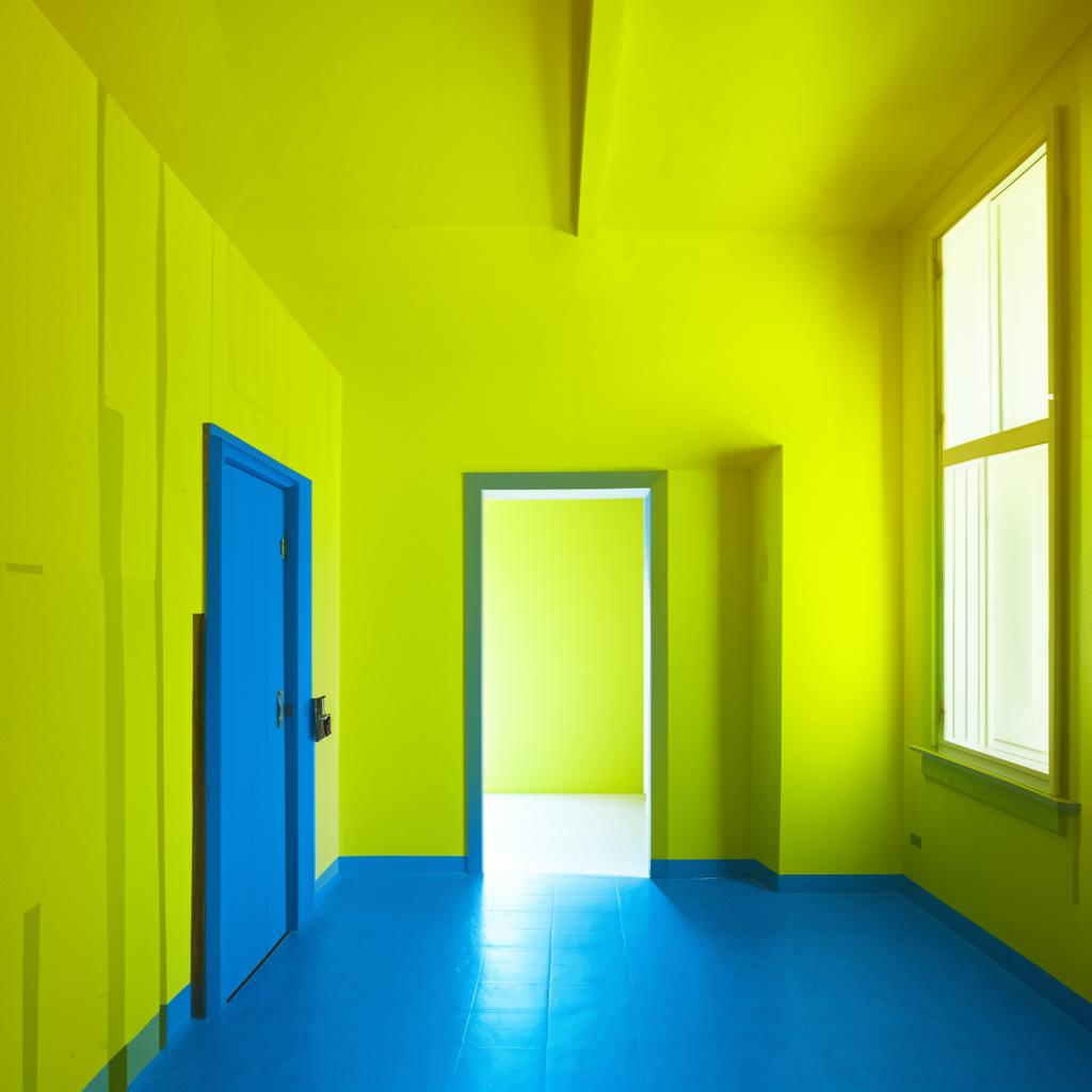 A 12x12 room with one door and a side window. The front wall is pure yellow, the ceiling and the other three walls are green, and the floor is blue.