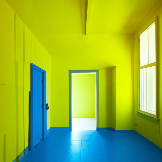 A 12x12 room with one door and a side window. The front wall is pure yellow, the ceiling and the other three walls are green, and the floor is blue.