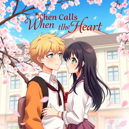 A romantic anime scene set in a vibrant school environment, featuring a younger male student with short blonde hair and bright blue eyes, wearing a casual school outfit, and an older female student with long, flowing dark hair and striking green eyes, dressed in a stylish school uniform