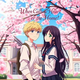 A romantic anime scene set in a vibrant school environment, featuring a younger male student with short blonde hair and bright blue eyes, wearing a casual school outfit, and an older female student with long, flowing dark hair and striking green eyes, dressed in a stylish school uniform