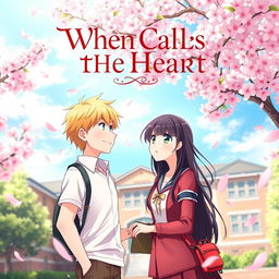 A romantic anime scene set in a vibrant school environment, featuring a younger male student with short blonde hair and bright blue eyes, wearing a casual school outfit, and an older female student with long, flowing dark hair and striking green eyes, dressed in a stylish school uniform