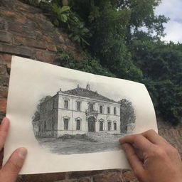 Dibujado en una hoja de papal de una Casa colonial de frente pequeña