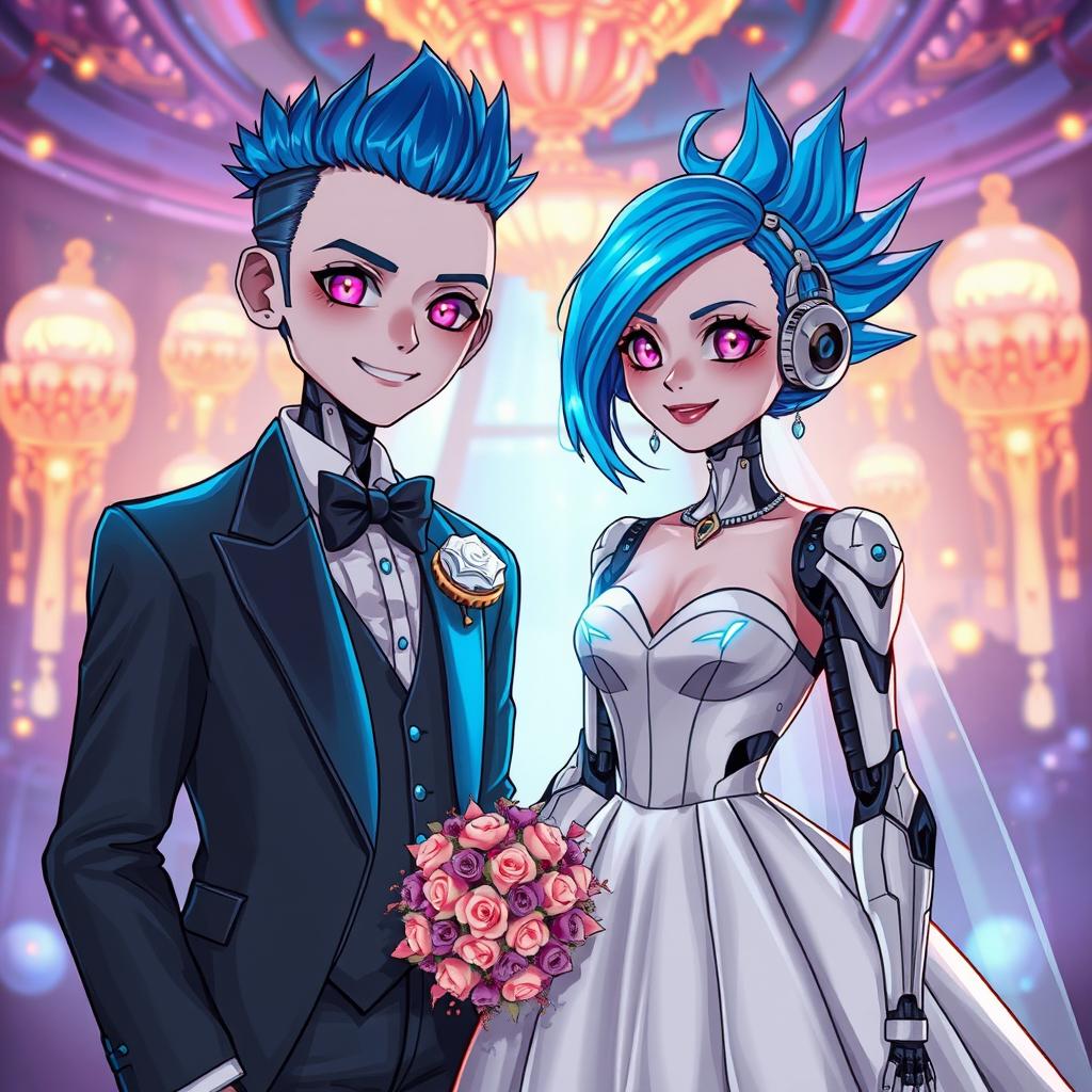 A stunning illustration of a blue-haired android girl, designed in a futuristic 'chip girl' style, wearing a beautiful wedding dress made of sleek metallic fabrics