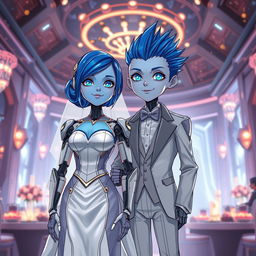 A stunning illustration of a blue-haired android girl, designed in a futuristic 'chip girl' style, wearing a beautiful wedding dress made of sleek metallic fabrics