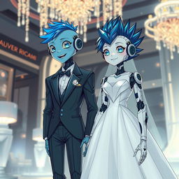 A stunning illustration of a blue-haired android girl, designed in a futuristic 'chip girl' style, wearing a beautiful wedding dress made of sleek metallic fabrics