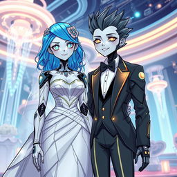 A stunning illustration of a blue-haired android girl, designed in a futuristic 'chip girl' style, wearing a beautiful wedding dress made of sleek metallic fabrics