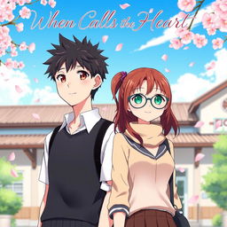 A romantic anime book cover scene set in a lively school environment, showcasing a younger male lead who is quiet and reserved, with short spiky black hair and gentle brown eyes, dressed in a casual school uniform