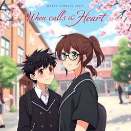 A romantic anime book cover scene set in a lively school environment, showcasing a younger male lead who is quiet and reserved, with short spiky black hair and gentle brown eyes, dressed in a casual school uniform