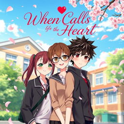 A romantic anime book cover scene set in a lively school environment, showcasing a younger male lead who is quiet and reserved, with short spiky black hair and gentle brown eyes, dressed in a casual school uniform